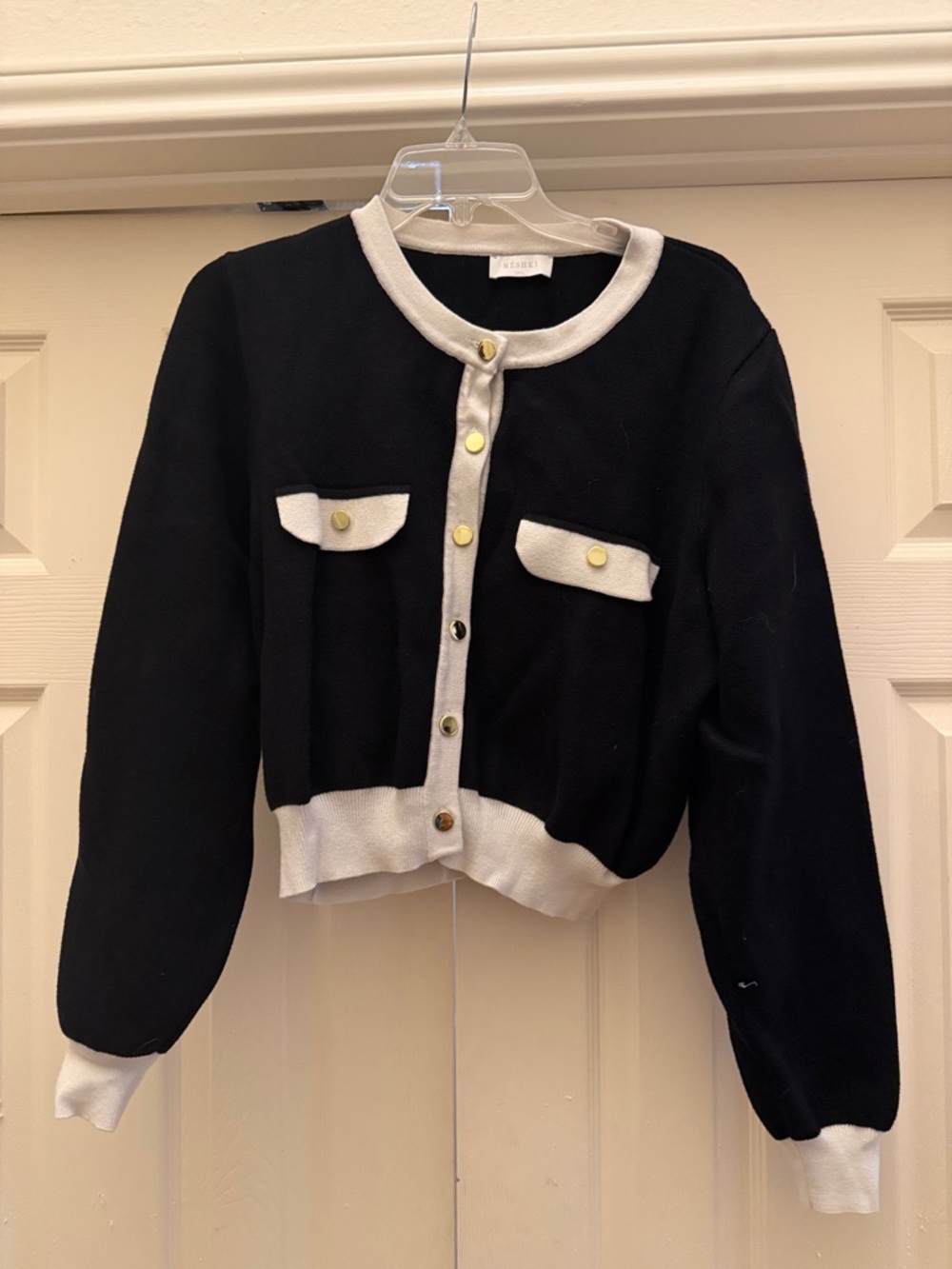 Meshki Black Cardigan with Cream Trim and Gold Buttons